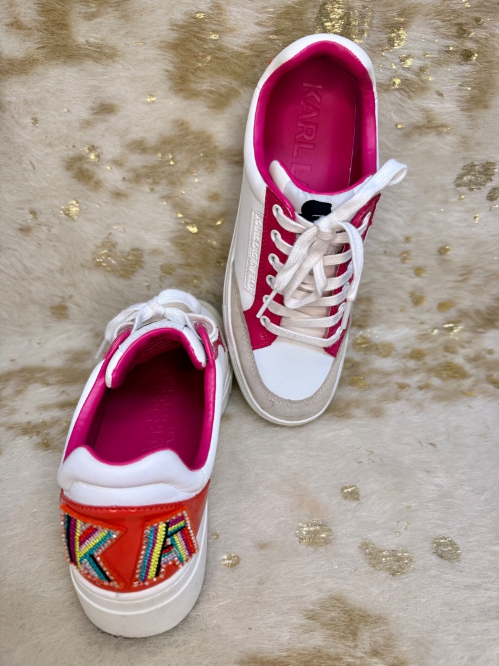 KARL LAGERFELD Sneaker Paris Womens Footwear Pink White Rainbow Embr'd Heel Sz 7